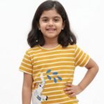 Girls Organic Cotton Interlock Short Sleeve Stripe & Elephant Print Top - Gold