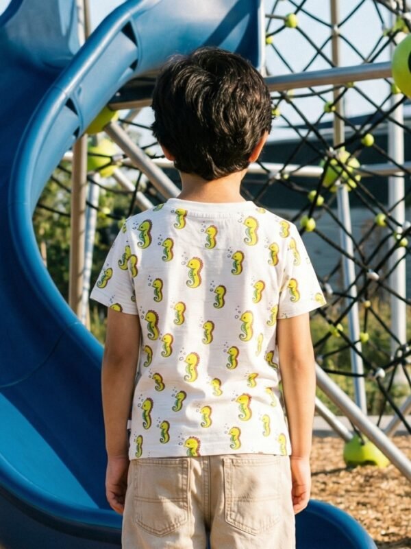 Boys Organic Cotton Single Jersey Short Sleeve Seahorse All Over Print T-Shirt - White - Image 2