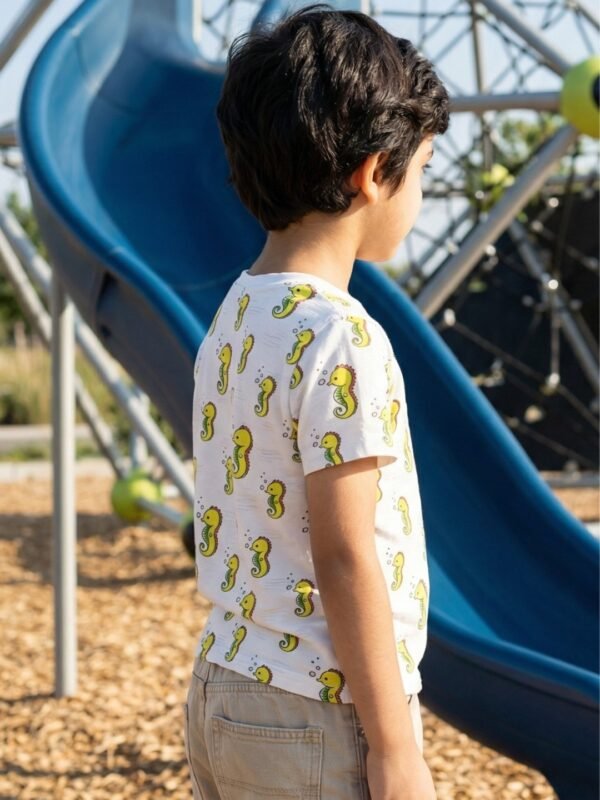 Boys Organic Cotton Single Jersey Short Sleeve Seahorse All Over Print T-Shirt - White - Image 3