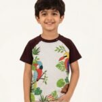 Boys Organic Cotton Single Jersey Short Sleeve Leafs And Bird Chest Print T-Shirt - White