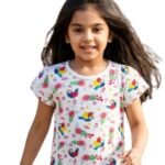 Girls Organic Cotton Single Jersey Short Sleeve Bird All Over Print & Wings 3D Applique Top - White