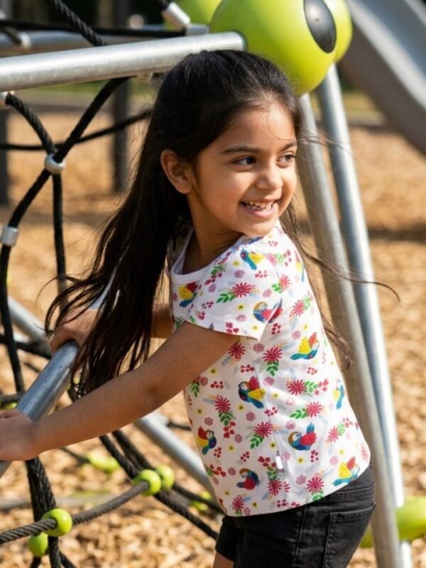 Girls Organic Cotton Single Jersey Short Sleeve Bird All Over Print & Wings 3D Applique Top - White - Image 3