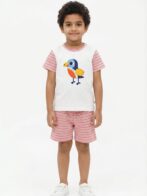 Boys Organic Cotton Interlock Short Sleeve Bird Chest Print T-Shirt & Shorts Set - White