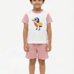 Boys Organic Cotton Interlock Short Sleeve Bird Chest Print T-Shirt & Shorts Set - White