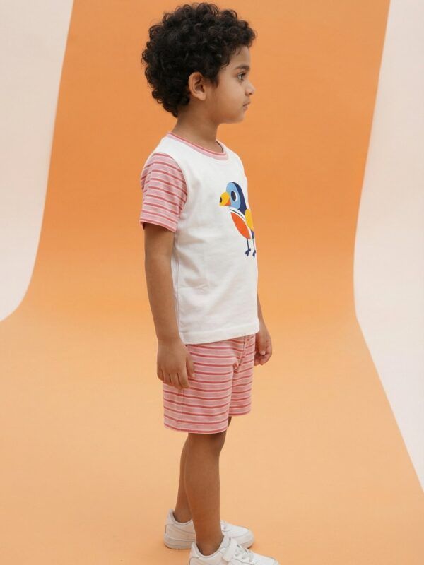 Boys Organic Cotton Interlock Short Sleeve Bird Chest Print T-Shirt & Shorts Set - White - Image 3
