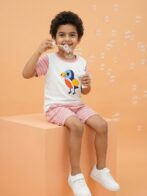 Boys Organic Cotton Interlock Short Sleeve Bird Chest Print T-Shirt & Shorts Set - White - Image 4