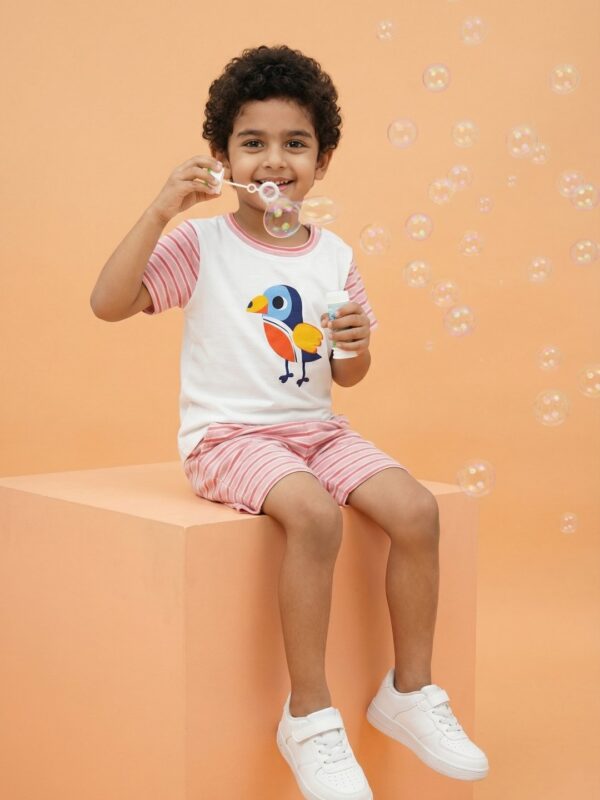 Boys Organic Cotton Interlock Short Sleeve Bird Chest Print T-Shirt & Shorts Set - White - Image 4