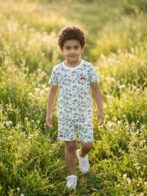 Boys Organic Cotton Single Jersey Short Sleeve Leaf All Over Print T-Shirt & Shorts Set - White