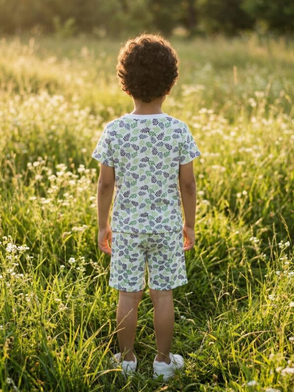 Boys Organic Cotton Single Jersey Short Sleeve Leaf All Over Print T-Shirt & Shorts Set - White - Image 2