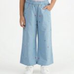 Girls Organic Cotton Poplin Ankle Length Stars Pant - Blue
