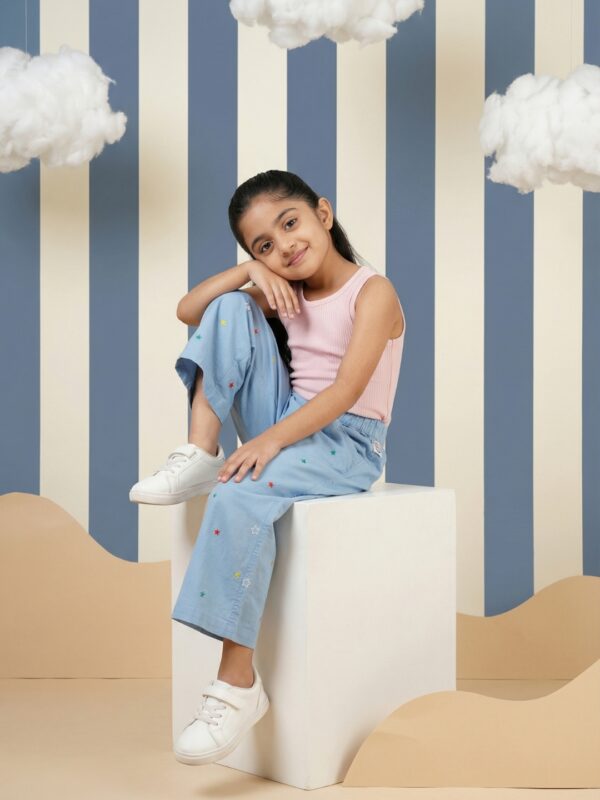 Girls Organic Cotton Poplin Ankle Length Stars Pant - Blue - Image 3