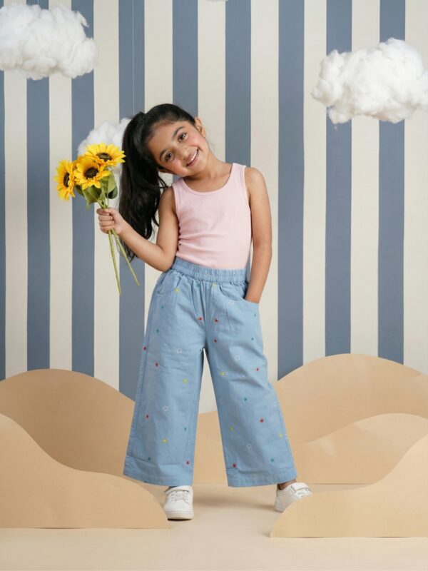 Girls Organic Cotton Poplin Ankle Length Stars Pant - Blue - Image 2