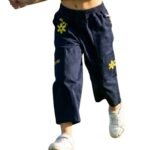 Girls Organic Cotton Heavy Weight Twill Ankle Length Flowers  Embroidered Pant - Navy