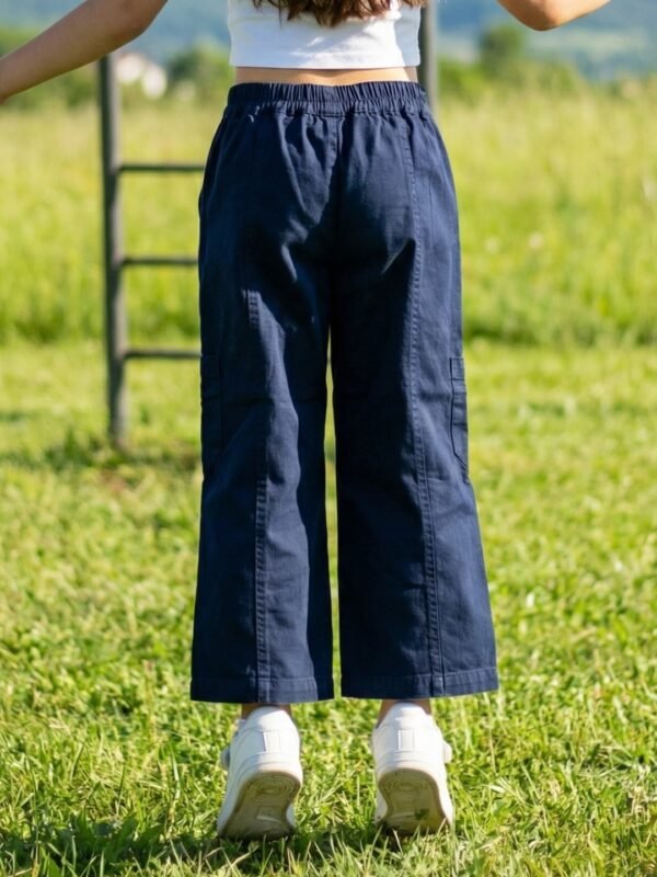 Girls Organic Cotton Heavy Weight Twill Ankle Length Flowers  Embroidered Pant - Navy - Image 2