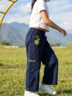 Girls Organic Cotton Heavy Weight Twill Ankle Length Flowers  Embroidered Pant - Navy - Image 3