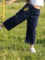 Girls Organic Cotton Heavy Weight Twill Ankle Length Flowers  Embroidered Pant - Navy - Image 4
