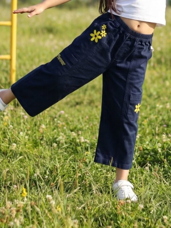 Girls Organic Cotton Heavy Weight Twill Ankle Length Flowers  Embroidered Pant - Navy - Image 4