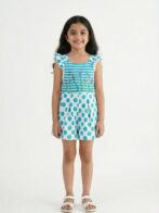 Girls Organic Cotton Interlock Short Sleeve Polka Dots Print & Flower Embroidered  Dungree - Pink