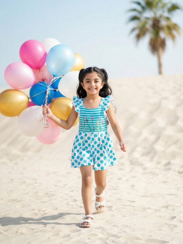 Girls Organic Cotton Interlock Short Sleeve Polka Dots Print & Flower Embroidered  Dungree - Pink - Image 4