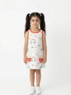 Girls Organic Cotton Single Jersey Sleeveless Rainbow All Over Print Dress - White