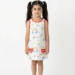 Girls Organic Cotton Single Jersey Sleeveless Rainbow All Over Print Dress - White