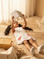 Girls Organic Cotton Single Jersey Sleeveless Rainbow All Over Print Dress - White - Image 4