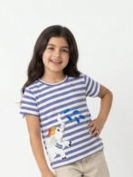 Girls Organic Cotton Interlock Short Sleeve Stripe & Elephant Print Top - Gold