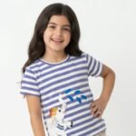 Girls Organic Cotton Interlock Short Sleeve Stripe & Elephant Print Top - Gold