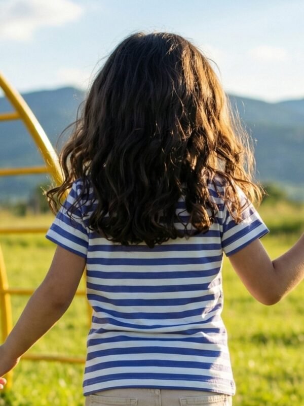 Girls Organic Cotton Interlock Short Sleeve Stripe & Elephant Print Top - Gold - Image 2