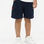 Boys Organic Cotton Rib Knee Length Bus Applique Shorts - Navy