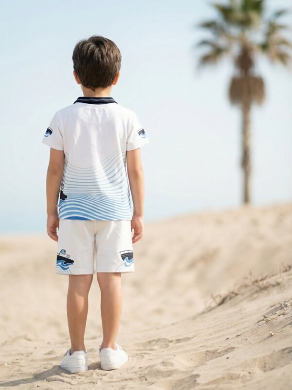 Boys Organic Cotton Pique Short Sleeve Chest Print & Embroidered Polo T-Shirt & Shorts Set - White - Image 2