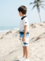 Boys Organic Cotton Pique Short Sleeve Chest Print & Embroidered Polo T-Shirt & Shorts Set - White - Image 3