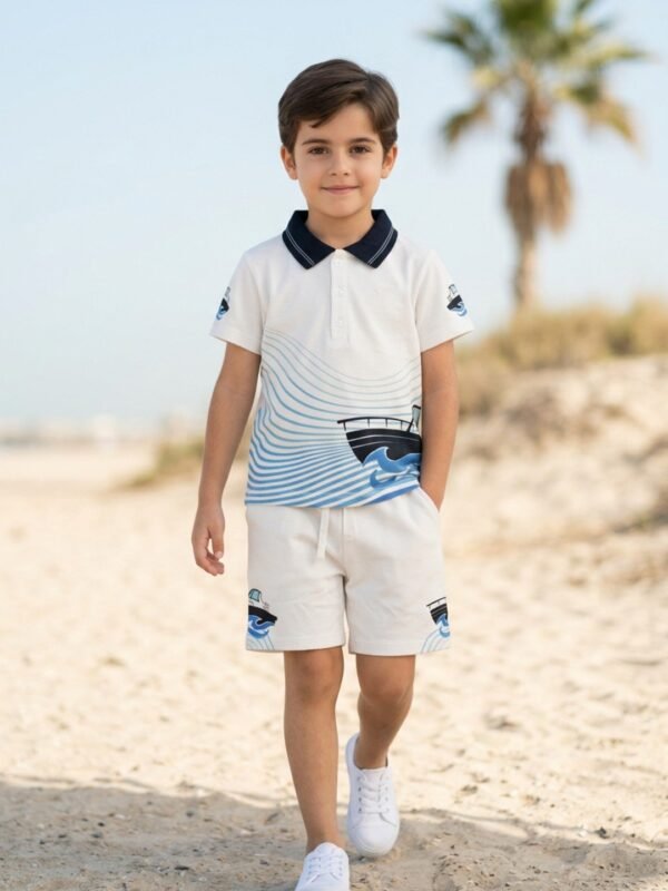 Boys Organic Cotton Pique Short Sleeve Chest Print & Embroidered Polo T-Shirt & Shorts Set - White - Image 4