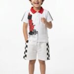 Boys Organic Cotton Pique Short Sleeve Chest Print & Embroidered Polo T-Shirt & Shorts Set - White