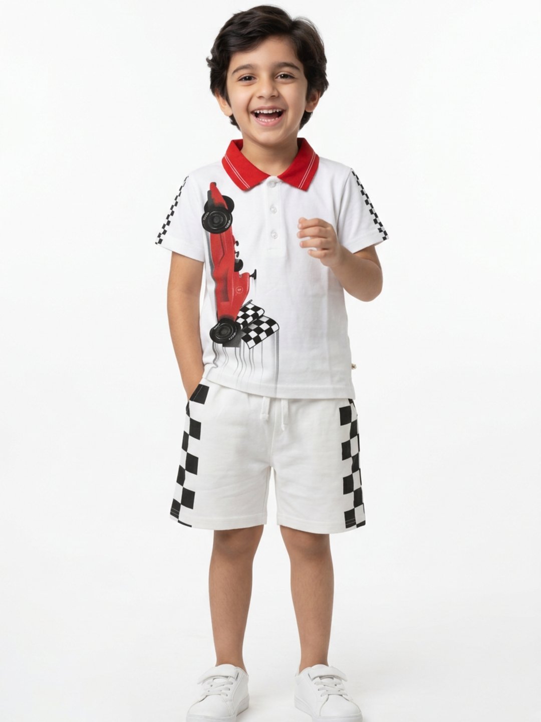 P-097_A.jpg Boys Organic Cotton Pique Short Sleeve Chest Print & Embroidered Polo T-Shirt & Shorts Set - White - Image 1