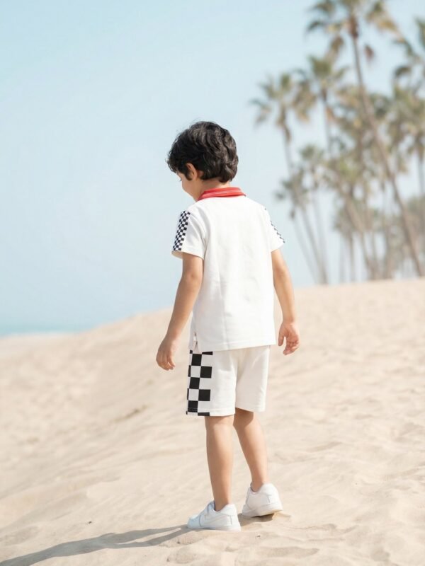 Boys Organic Cotton Pique Short Sleeve Chest Print & Embroidered Polo T-Shirt & Shorts Set - White - Image 2