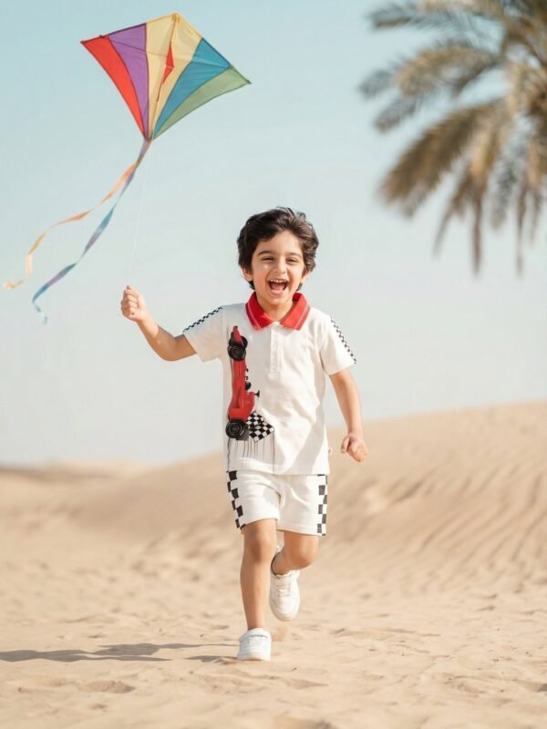 Boys Organic Cotton Pique Short Sleeve Chest Print & Embroidered Polo T-Shirt & Shorts Set - White - Image 4