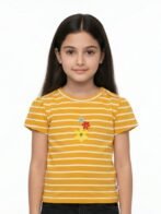 Girls Organic Cotton Interlock Short Sleeve Flowers Applique Top - Yellow