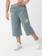 Girls Organic Cotton Poplin Ankle Length Teddy & Text Print Pant - Blue