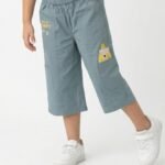 Girls Organic Cotton Poplin Ankle Length Teddy & Text Print Pant - Blue