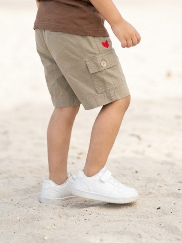 Boys Organic Cotton Ripstop Knee Length Embroidered Shorts - Brown - Image 2