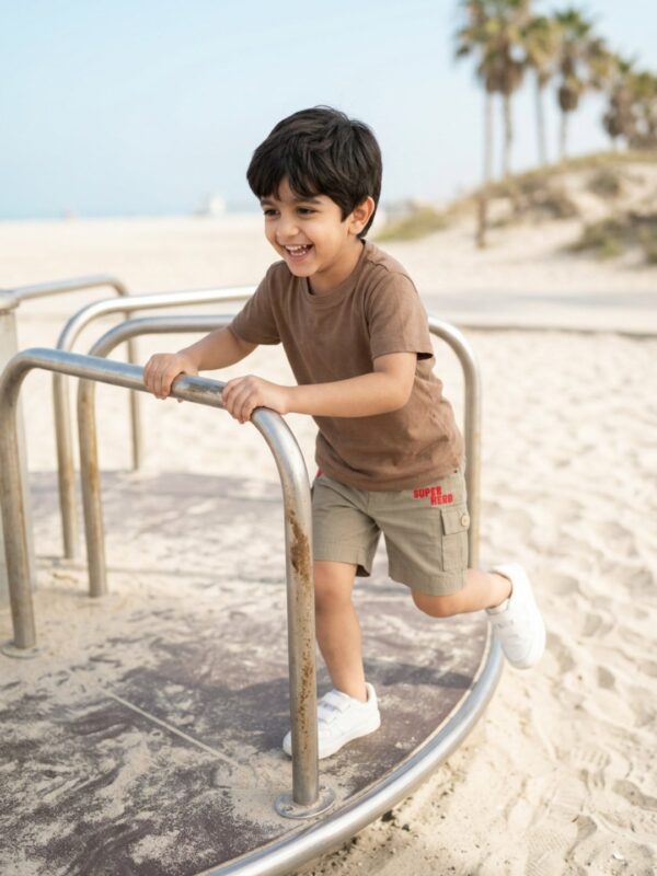 Boys Organic Cotton Ripstop Knee Length Embroidered Shorts - Brown - Image 3