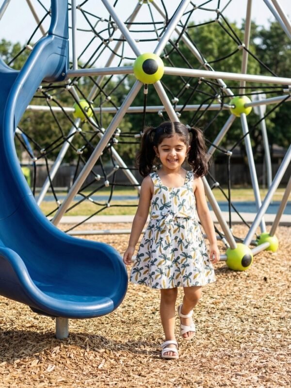 Girls Organic Cotton Muslin Sleevless All Over Print Dress - White - Image 4