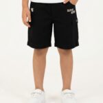 Boys Organic Cotton Ripstop Knee Length Embroidered Shorts - Black