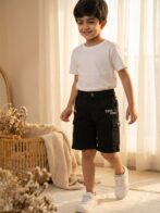 Boys Organic Cotton Ripstop Knee Length Embroidered Shorts - Black - Image 4