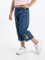 Girls Organic Cotton Poplin Modal Ankle Length Flowers Embroidered & Applique Pant - Blue