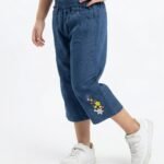 Girls Organic Cotton Poplin Modal Ankle Length Flowers Embroidered & Applique Pant - Blue