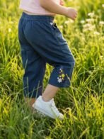 Girls Organic Cotton Poplin Modal Ankle Length Flowers Embroidered & Applique Pant - Blue - Image 3