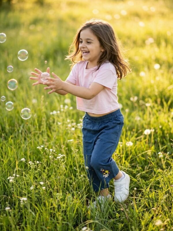 Girls Organic Cotton Poplin Modal Ankle Length Flowers Embroidered & Applique Pant - Blue - Image 4