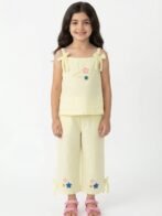 Girls Cambric Sleevless Star & 3 Stars Glitter Print Baby Camisole  & Pant Set - Yellow